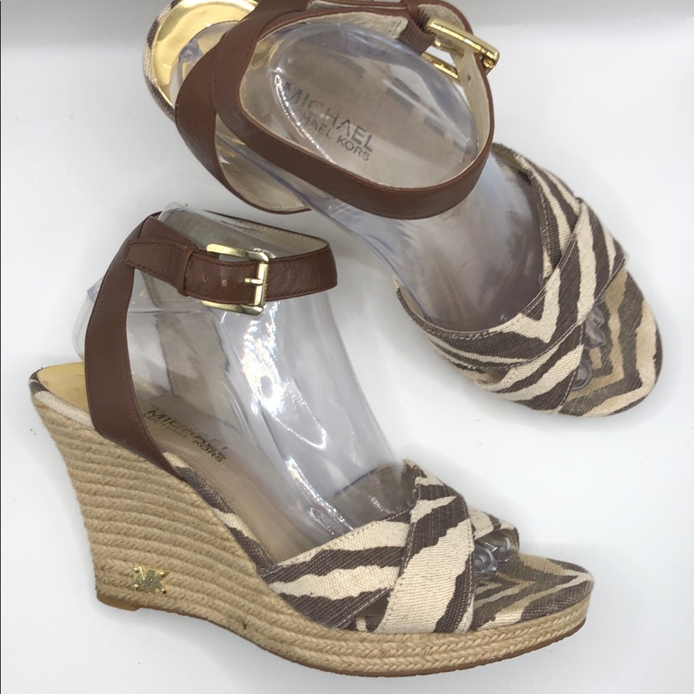 Michael Kors Kami Mocha Tiger Canvas Leather Wedge Sandals